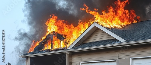 House engulfed in intense flames, heavy smoke billows. Roof and attic are ablaze, significant structural damage is evident