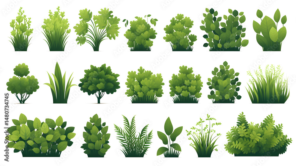 Fototapeta premium Flat Vector Design of Simple Green Bush Set for Professional Projects