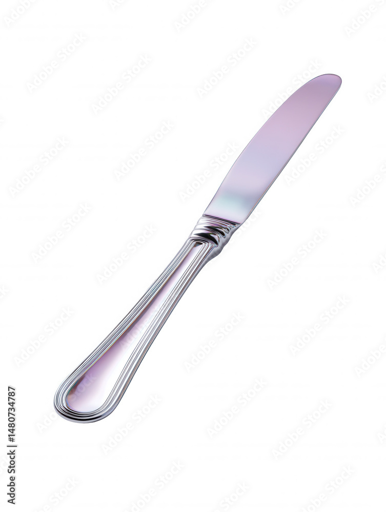 Fototapeta premium An elegant silver table knife with a shiny polished blade and handle rests on a clean white background, showcasing its design and simplicity for dining settings.