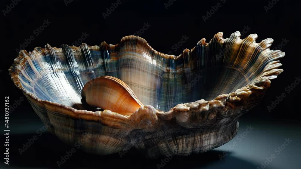 A large shell on a black background