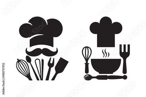 Chef Hat and Kitchen Utensil Icon Set Cooking Silhouette Vector Illustration