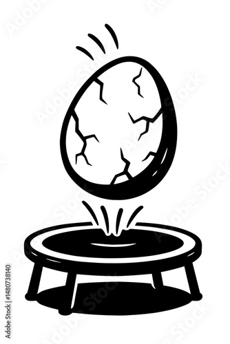 Monochrome vector illustration of an egg bouncing on a trampoline, ideal for themes of fun, food, or playful design.