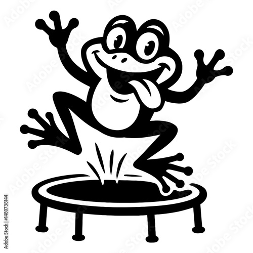 Monochrome vector illustration of a frog bouncing on a trampoline, ideal for themes of fun, animals, or playful design.