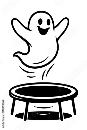 Monochrome vector illustration of a ghost bouncing on a trampoline, ideal for themes of Halloween, fun, or playful design.