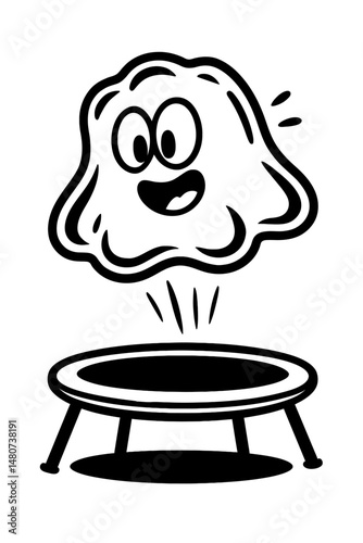 Monochrome vector illustration of a jelly blob bouncing on a trampoline, ideal for themes of fun, playful design, or abstract concepts.