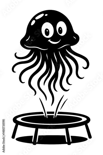 Monochrome vector illustration of a jellyfish bouncing on a trampoline, ideal for themes of fun, sea life, or playful design.