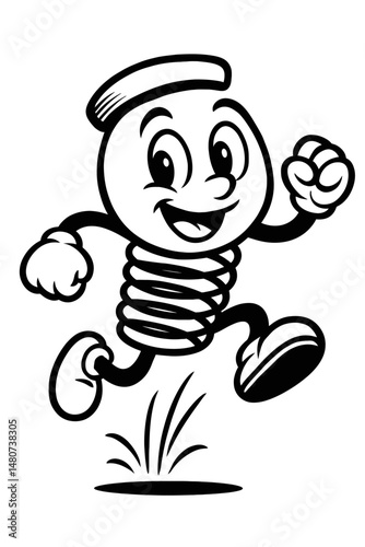 Monochrome vector illustration of a bouncing spring toy character, ideal for themes of toys, childhood, or playful design.