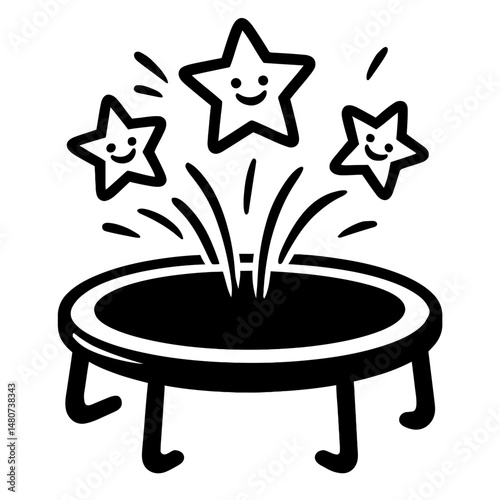 Monochrome vector illustration of a trampoline with stars, ideal for themes of fun, fitness, or childhood.