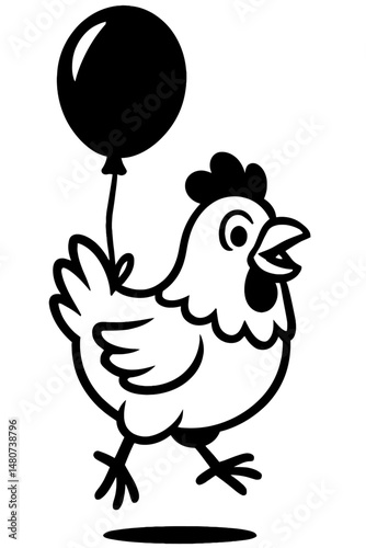 Whimsical Chicken with Balloon Silhouette - Black and White Illustration for Celebration or Fun Concepts