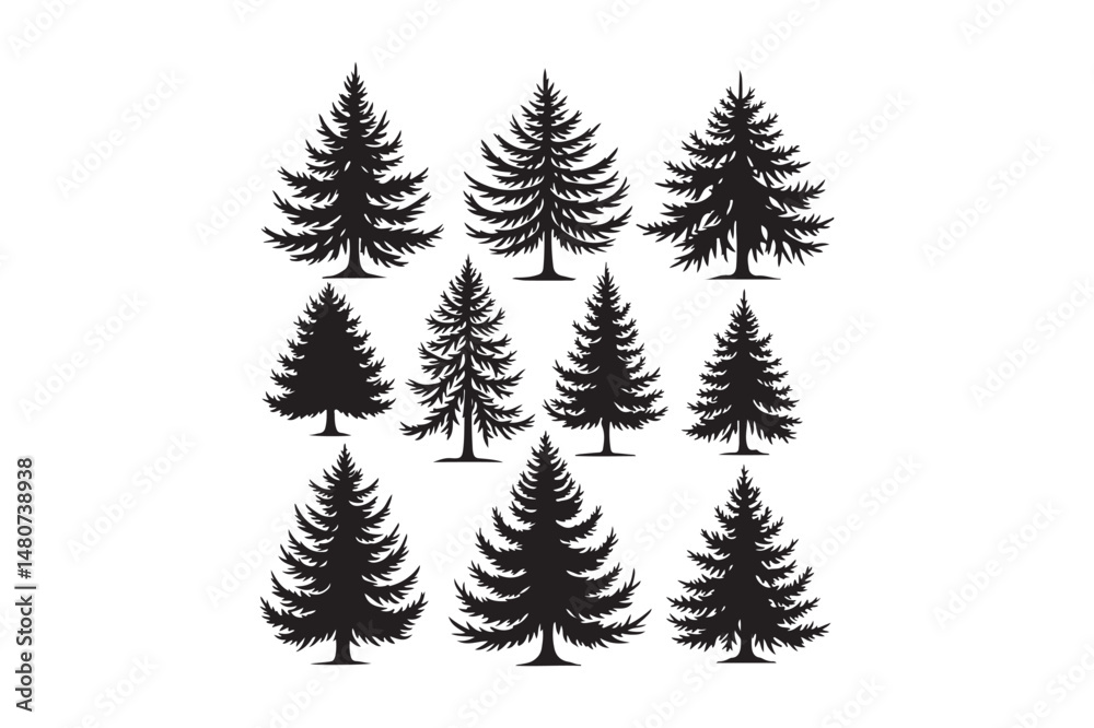 Fototapeta premium Silhouette Pine Tree Vector Set Evergreen Clipart Collection