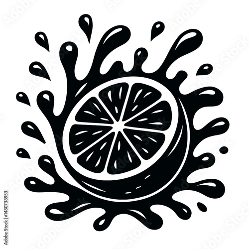 Vibrant Citrus Fruits Splash in Bold Contrast - Black and White Illustration for Freshness or Healthy Eating Concepts