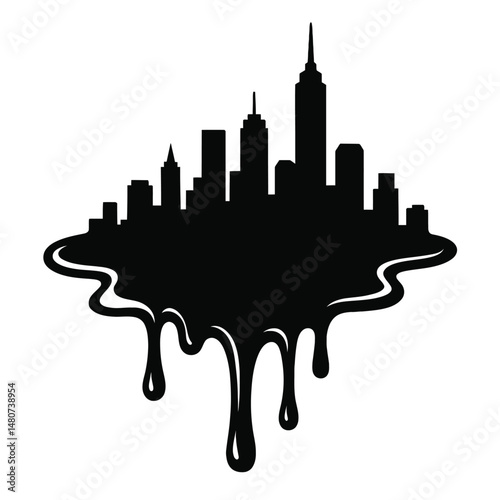 Melting New York City Skyline Silhouette - Black and White Illustration for Urban Decay, Art, or Climate Concepts