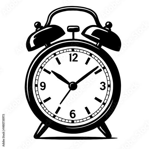 Classic Twin-Bell Alarm Clock - Black and White Illustration for Vintage Time, Waking Up, or Morning Concepts