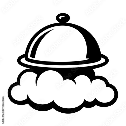 Elegant Cloche Serving Dish Resting on a Cartoon Cloud - Black and White Illustration for Whimsical Dining or Special Presentation