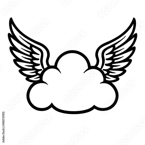 Whimsical Cloud with Angel Wings - Black and White Illustration for Fantasy or Serenity Concepts