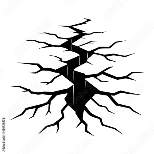 Dramatic Black and White Ground Cracks Stencil Vector - Powerful Earth Fracture Illustration for Destruction, Natural Disaster, and Urban Decay Designs