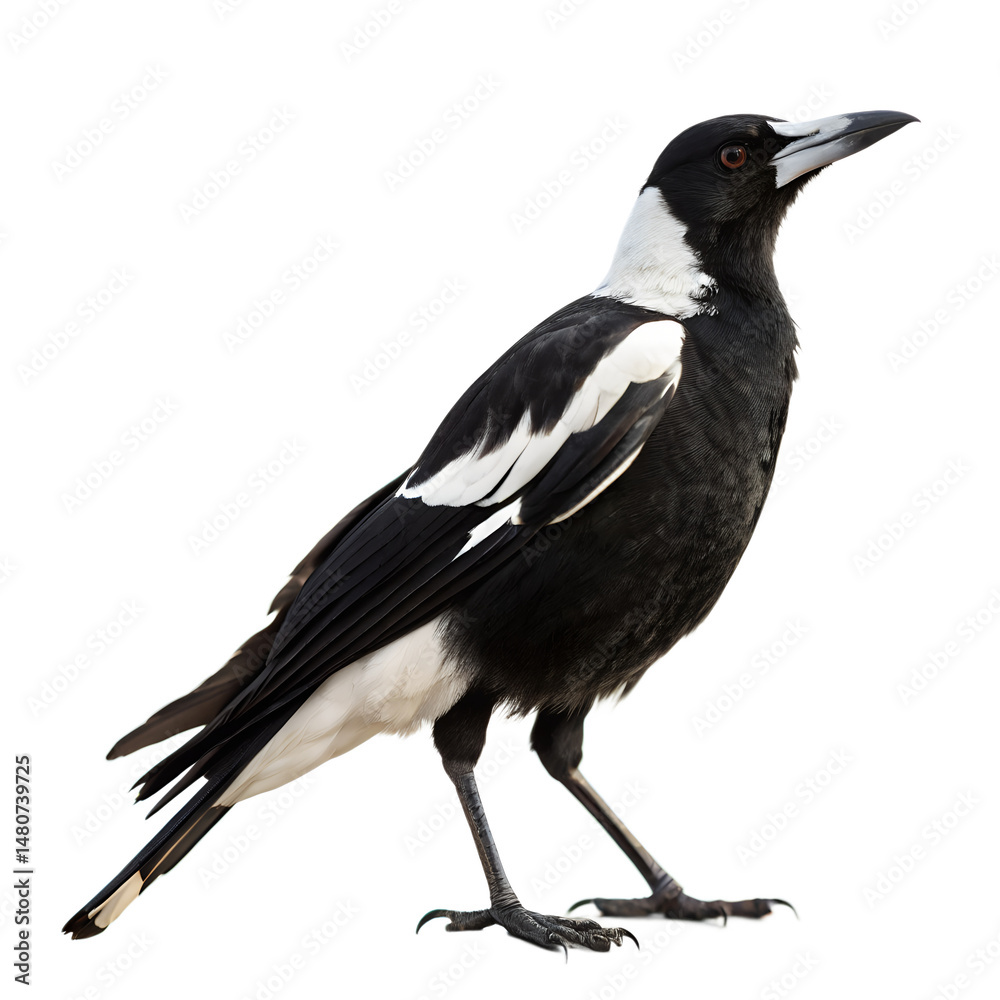 Fototapeta premium Australian Magpie Standing Black and White Bird Isolated on Transparent Background