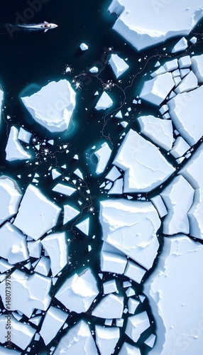 aerial shot of icebergs floating in blue ocean