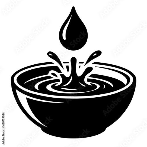 Elegant Black and White Water Drop Falling into Bowl Vector - Minimalist Illustration of Liquid Splash, Ideal for Drink, Water, and Refreshment Designs