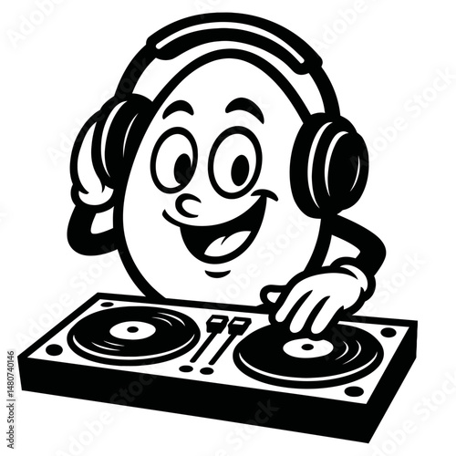 Vibrant Black and White DJ Egg Cartoon Mascot Vector - Energetic Character Illustration with Headphones and Turntables, Perfect for Music Events, Club Promotions, and Entertainment Branding