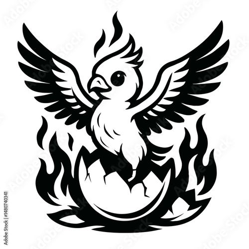 Adorable Black and White Phoenix Bird Hatching with Flames Vector - Cute Mythical Creature Illustration Rising from Egg, Ideal for Rebirth, Growth, and Fantasy Themes