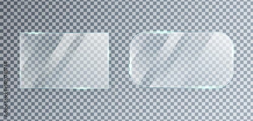Glass panel transparent frames with shiny reflections. Modern web, UI design. Clean and elegant style. Gloss plate. Mirror. Plastic mockup. Digital button. Acrylic, plexiglass. Vector Illustration