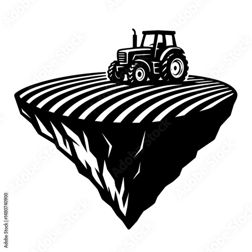 Black and White Tractor on Floating Field Vector Clipart - Unique Illustration of Farm Equipment on a Floating Island, Perfect for Agricultural Designs and Creative Projects