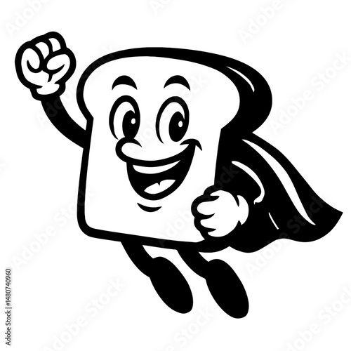 Dynamic Superhero Bread Slice Mascot - Black and White Cartoon Vector Illustration of a Flying, Caped Toast Character, Symbolizing Strength, Healthy Energy, and Fun for Food Brands and Children's Desi