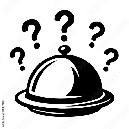 Black and White Mystery Dish Icon with Question Marks - Vector Illustration of a Covered Food Platter, Representing Unknown Cuisine, Surprise Meals, or Food-Related Puzzles and Challenges