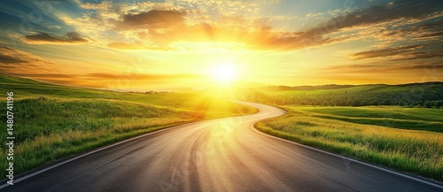 A winding road leading into the distance, with green hills and trees on both sides of it. The sun is setting in the background