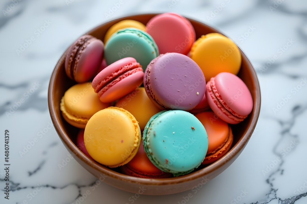 Obraz premium bowl of colorful macarons arranged on marble surface dessert photography