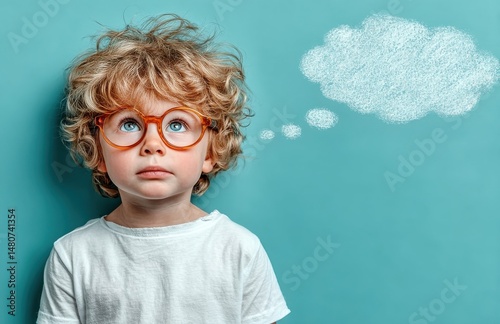 Boy in glasses thinking with bubble above head, blue background with copy space