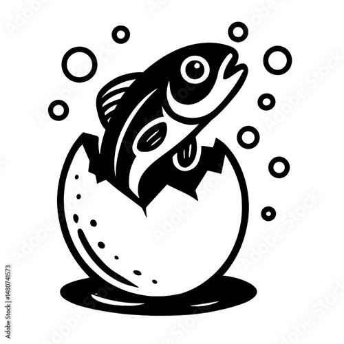 Monochrome vector clipart of a fish jumping out of a cracked egg, ideal for themes of new beginnings, nature, or fishing.
