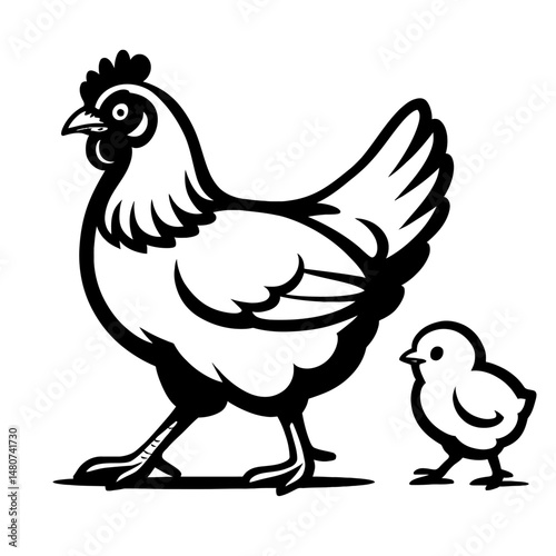 Monochrome vector illustration of a hen with a chick, ideal for themes of farming, poultry, or family.