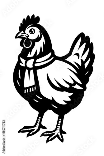 Monochrome vector illustration of a chicken wearing a scarf, ideal for themes of farm animals, winter, or quirky design.