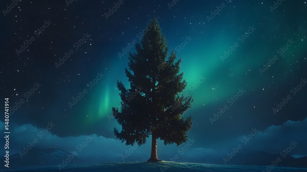 Fototapeta premium Solitary evergreen tree under a starry night sky with aurora borealis.