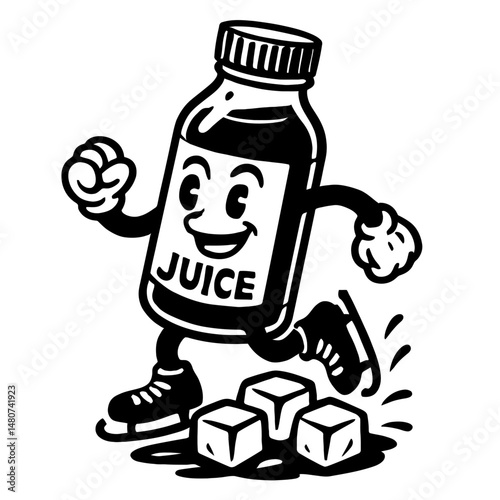 Monochrome vector illustration of a cheerful juice bottle mascot ice skating with ice cubes, ideal for beverage, sport, or fun themes.