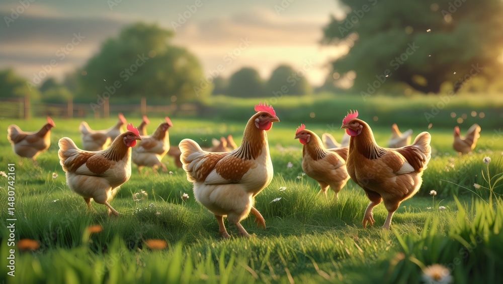 Fototapeta premium Free-Range Chickens Roaming in a Sunny Green Meadow