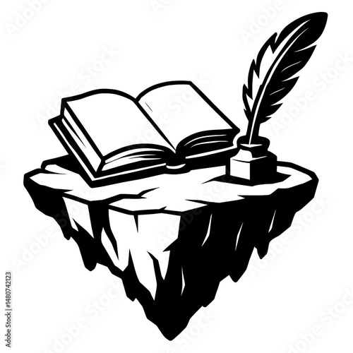 Monochrome vector illustration depicting an island symbolizing knowledge and inspiration, ideal for themes of learning, creativity, or intellectual growth.