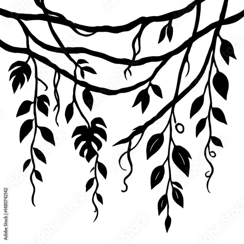 Monochrome vector illustration of jungle vines in silhouette, ideal for themes of nature, tropical environments, or adventure.
