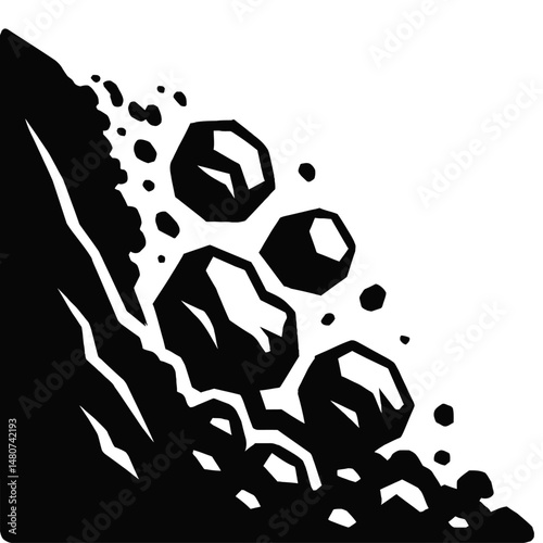 Monochrome vector illustration of a landslide in bold silhouettes, ideal for themes of nature, disaster, or environmental impact.