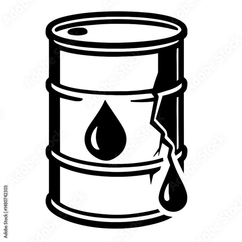 Monochrome vector illustration of a cracked oil barrel leaking, ideal for themes of industry, environment, or fuel.