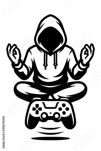 Monochrome vector illustration of a gamer levitating in a state of mystic silence, ideal for themes of gaming, fantasy, or tranquility.