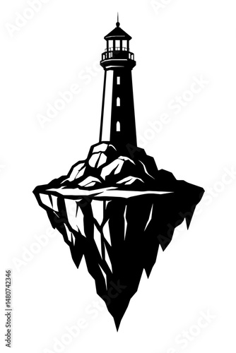 Monochrome vector illustration of a lighthouse situated on a floating island, ideal for themes of fantasy, adventure, or guidance.