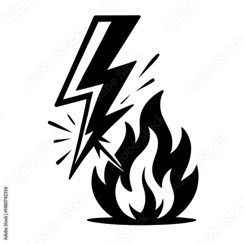 Monochrome vector illustration of a lightning bolt striking and igniting a flame, ideal for themes of power, energy, or dramatic events.