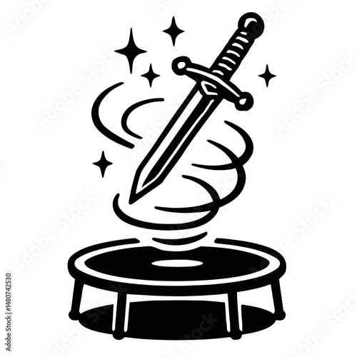 Monochrome vector illustration of a magical sword impaled in a trampoline with sparkles and swirling lines, ideal for themes of fantasy, magic, or power.