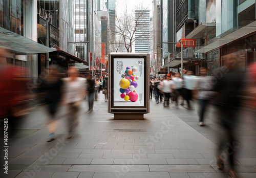 Urban Street Billboard Mockup – Vertical Outdoor Advertising Display in Busy City Environment for Branding and Campaign Presentation