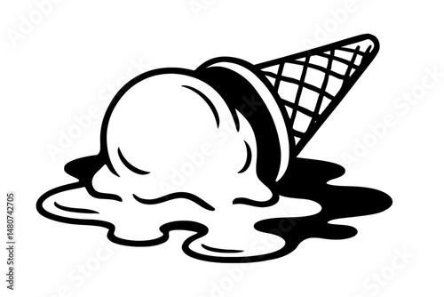 Monochrome vector illustration of a melting ice cream cone, depicting summer heat or a delicious dessert.