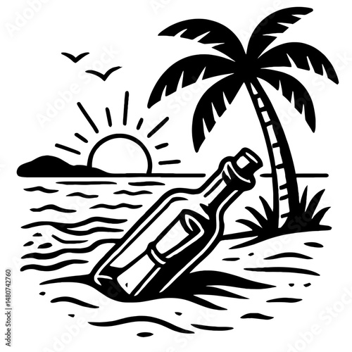 Monochrome vector illustration of a rolled message inside a glass bottle, symbolizing communication, hope, or a hidden secret.