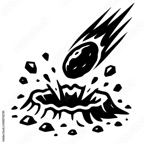 Monochrome vector illustration of a meteor or asteroid striking the ground, creating an impact crater and scattering debris, ideal for themes of disaster, space, or sudden events.